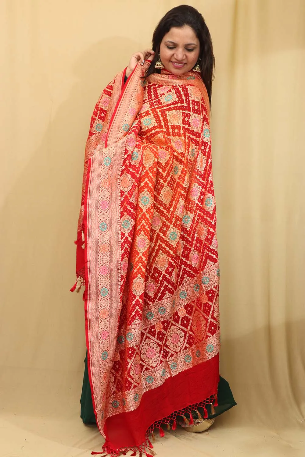 Orange & Red Banarasi Bandhani Pure Georgette Meenakari Dupatta