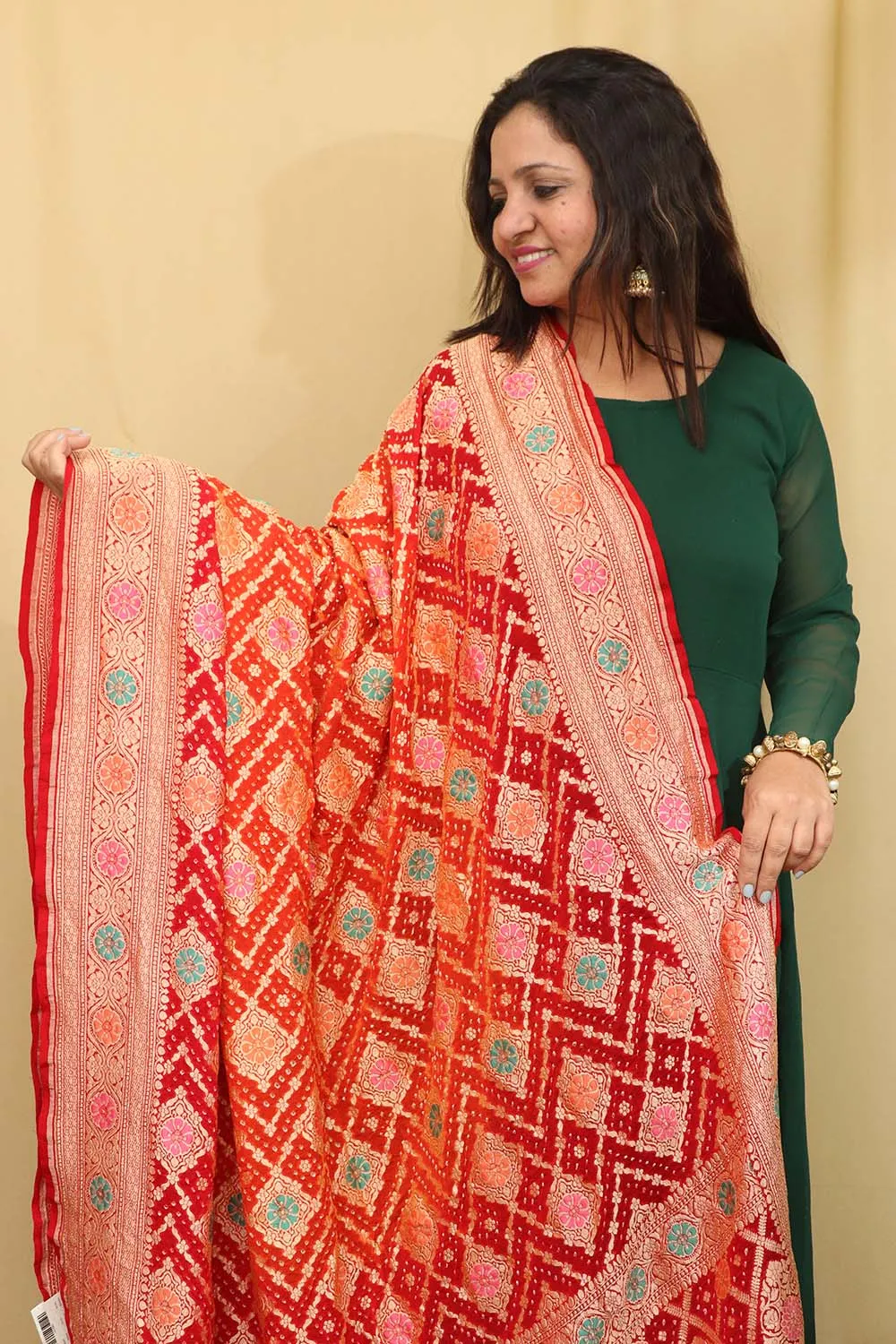 Orange & Red Banarasi Bandhani Pure Georgette Meenakari Dupatta