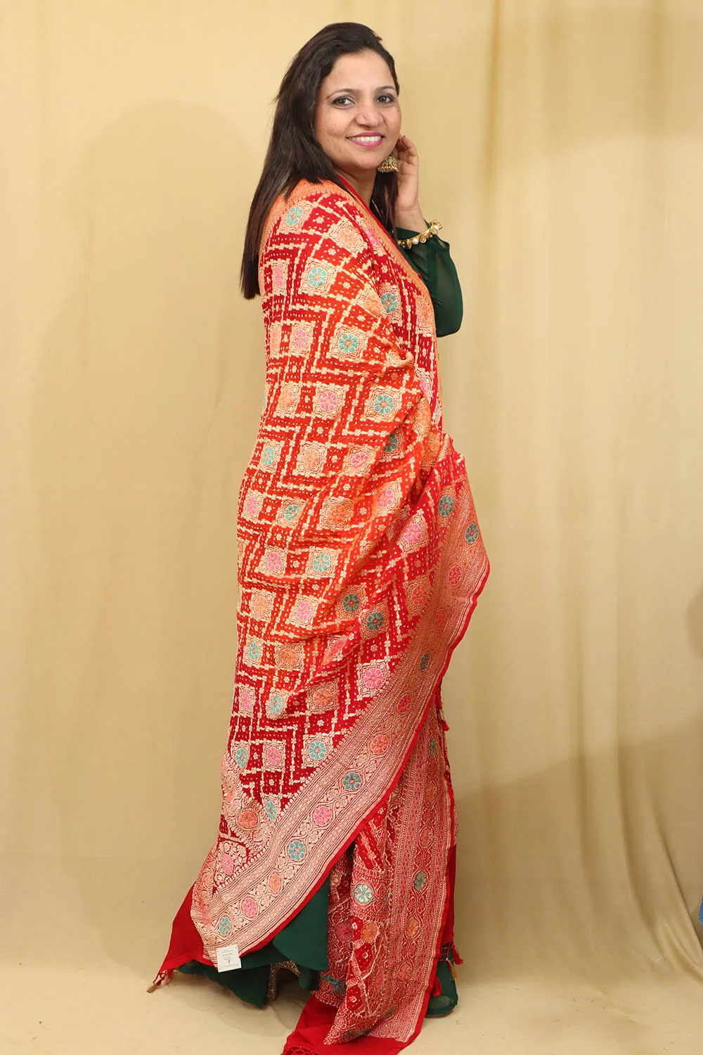 Orange & Red Banarasi Bandhani Pure Georgette Meenakari Dupatta