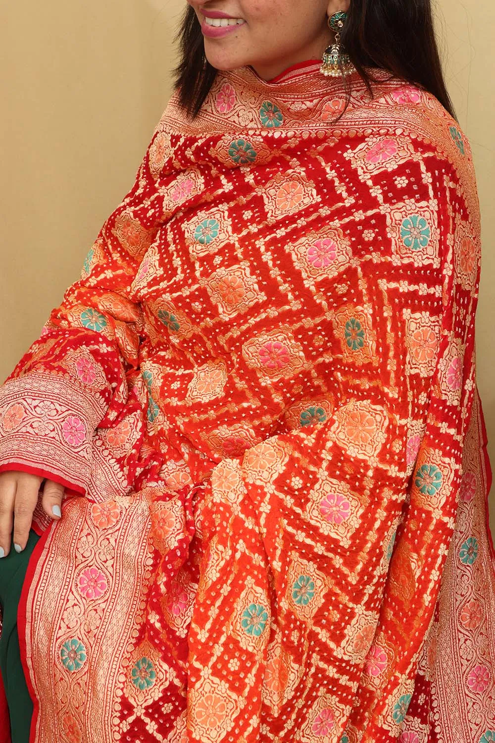 Orange & Red Banarasi Bandhani Pure Georgette Meenakari Dupatta