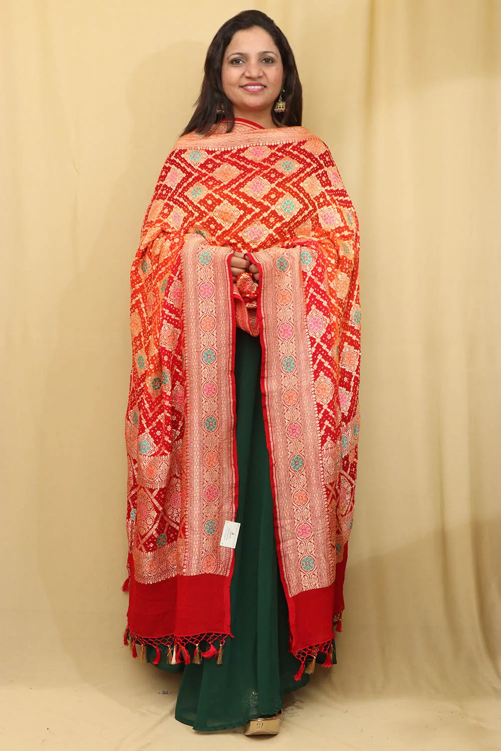 Orange & Red Banarasi Bandhani Pure Georgette Meenakari Dupatta
