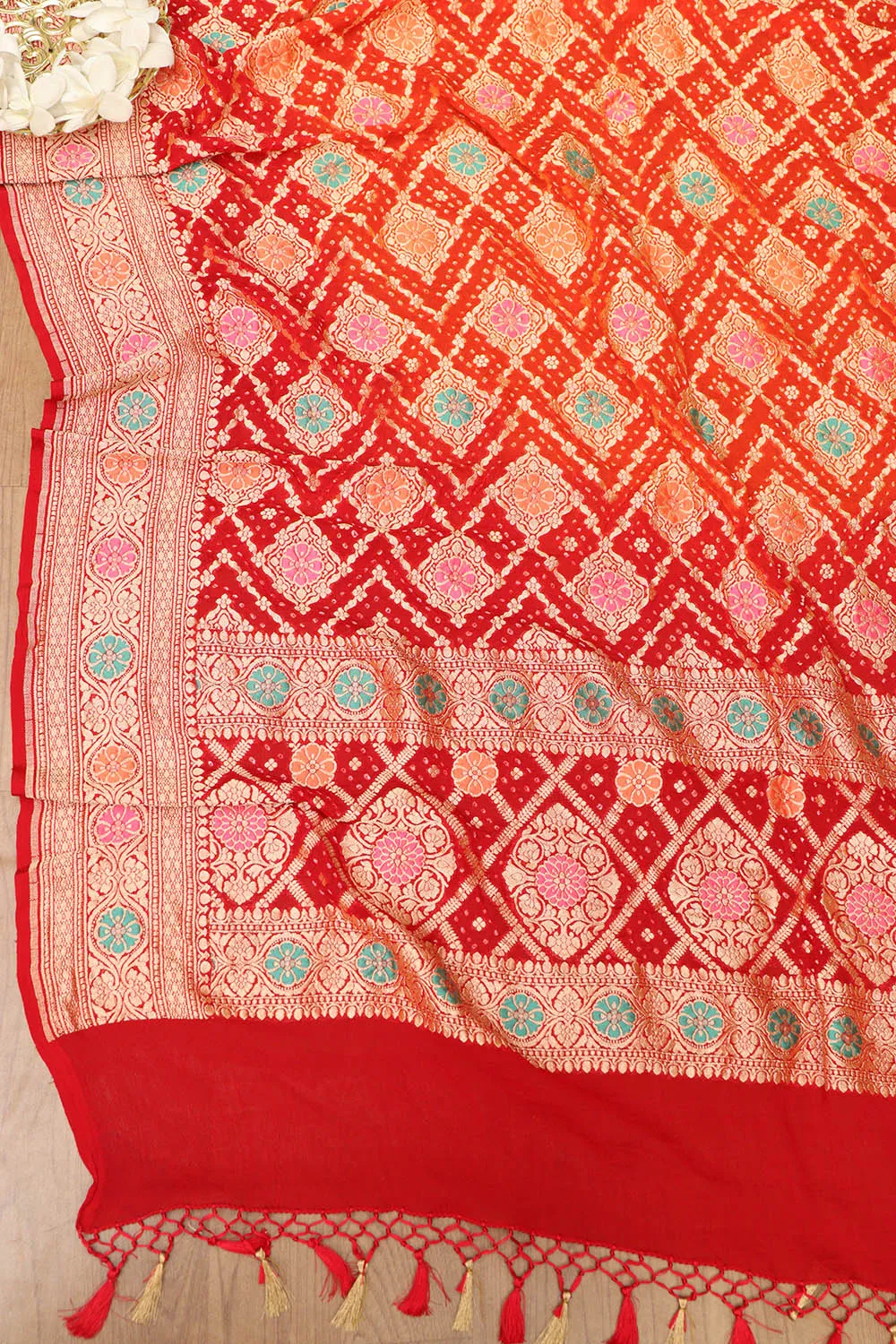 Orange & Red Banarasi Bandhani Pure Georgette Meenakari Dupatta