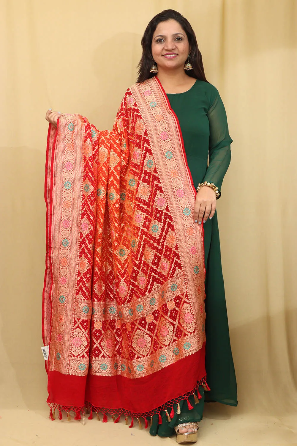 Orange & Red Banarasi Bandhani Pure Georgette Meenakari Dupatta