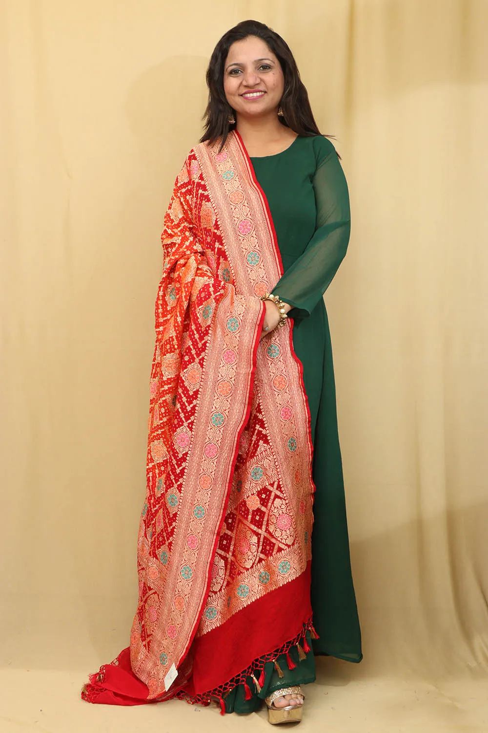 Orange & Red Banarasi Bandhani Pure Georgette Meenakari Dupatta