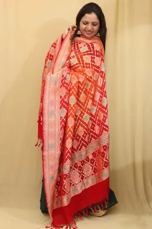 Orange & Red Banarasi Bandhani Pure Georgette Meenakari Dupatta