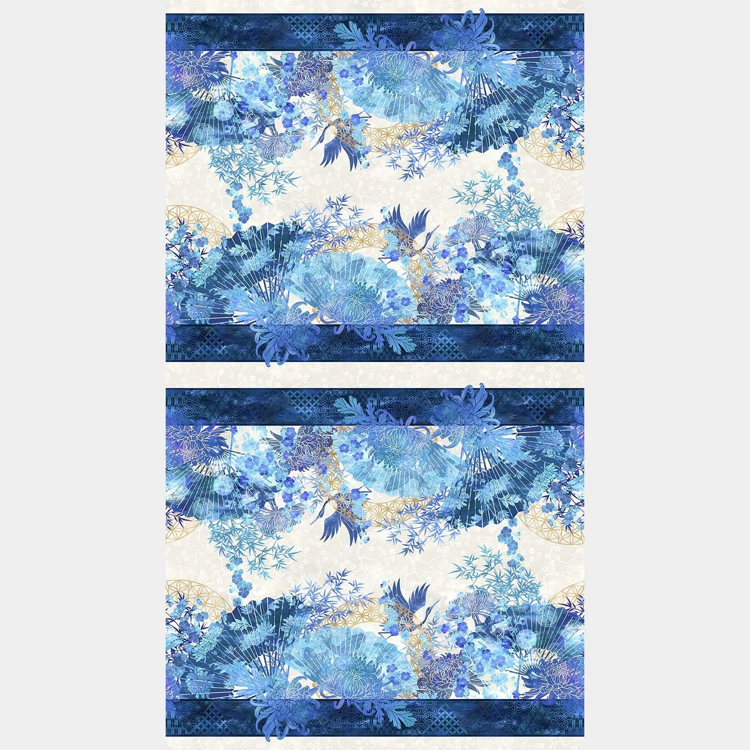 Oriental Gardens - Fan Border Stripe Blue Digitally Printed Yardage