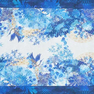 Oriental Gardens - Fan Border Stripe Blue Digitally Printed Yardage