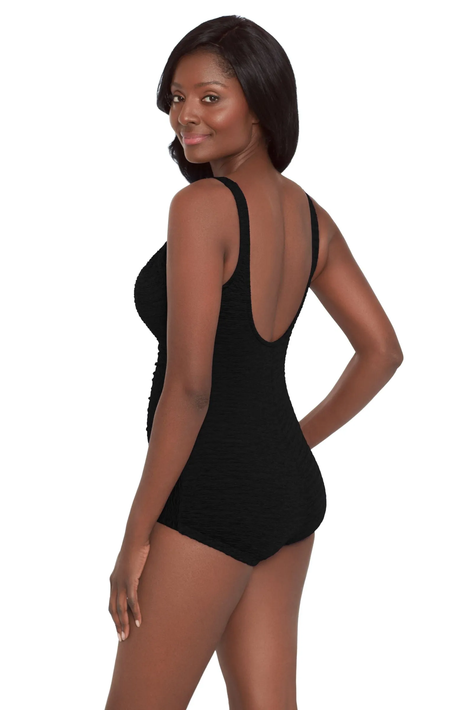 Penbrooke Krinkle Shirred Girl Leg Chlorine Resistant One Piece Swimsuit - Black