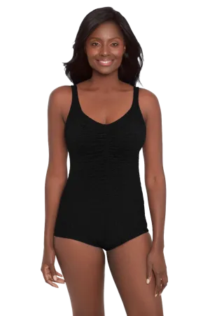 Penbrooke Krinkle Shirred Girl Leg Chlorine Resistant One Piece Swimsuit - Black