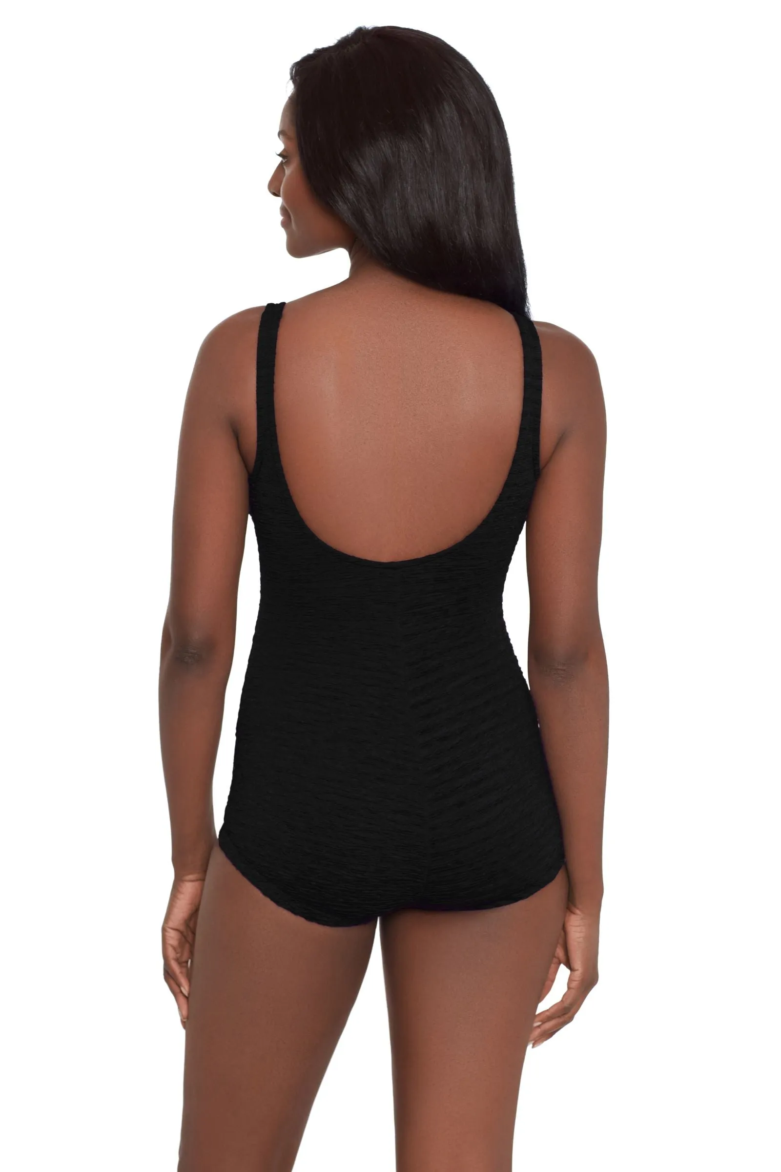 Penbrooke Krinkle Shirred Girl Leg Chlorine Resistant One Piece Swimsuit - Black