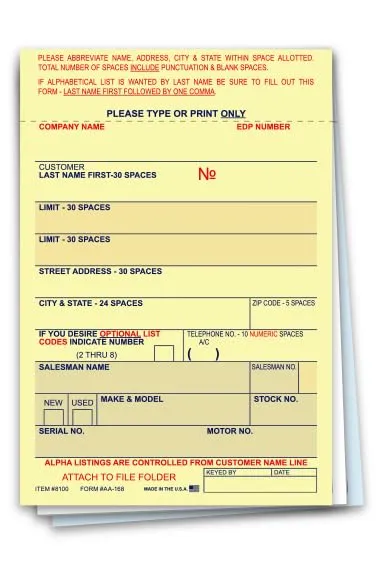 Premium Vehicle Deal Labels for Automotive Dealerships - 3-1/4" × 4-3/4" Size - 3-Part Carbon Interleaved (Canary, White, Blue) - Gummed Back for Easy Adhesion