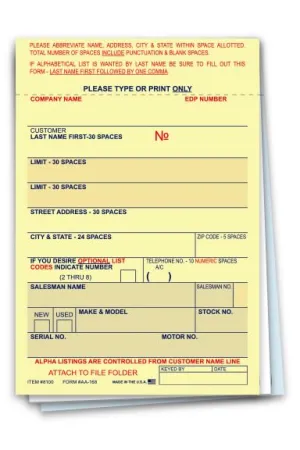 Premium Vehicle Deal Labels for Automotive Dealerships - 3-1/4" × 4-3/4" Size - 3-Part Carbon Interleaved (Canary, White, Blue) - Gummed Back for Easy Adhesion