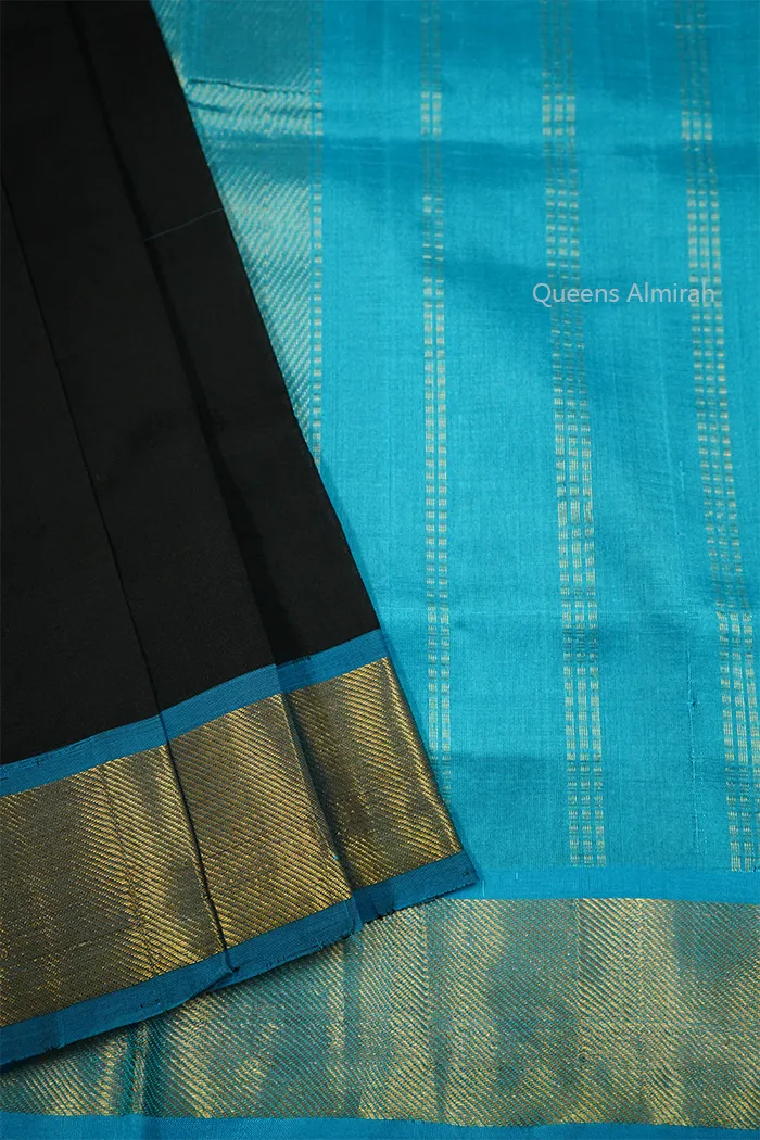 PURE KANCHI SILK COTTON - BLACK WITH OCEAN BLUE