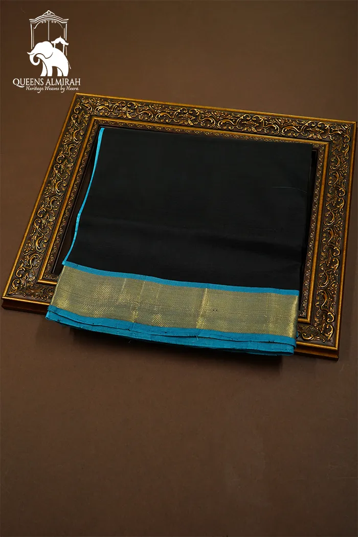 PURE KANCHI SILK COTTON - BLACK WITH OCEAN BLUE