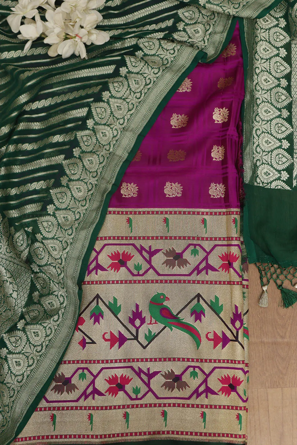 Purple Banarasi Silk Big Border Suit With Green Banarasi Handloom Pure Georgette Dupatta