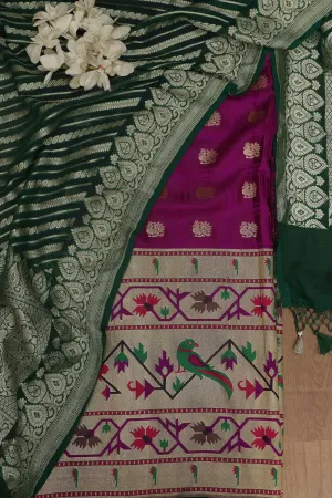 Purple Banarasi Silk Big Border Suit With Green Banarasi Handloom Pure Georgette Dupatta