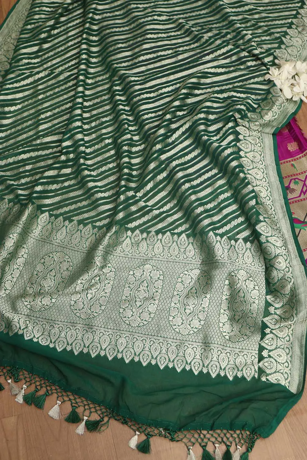 Purple Banarasi Silk Big Border Suit With Green Banarasi Handloom Pure Georgette Dupatta