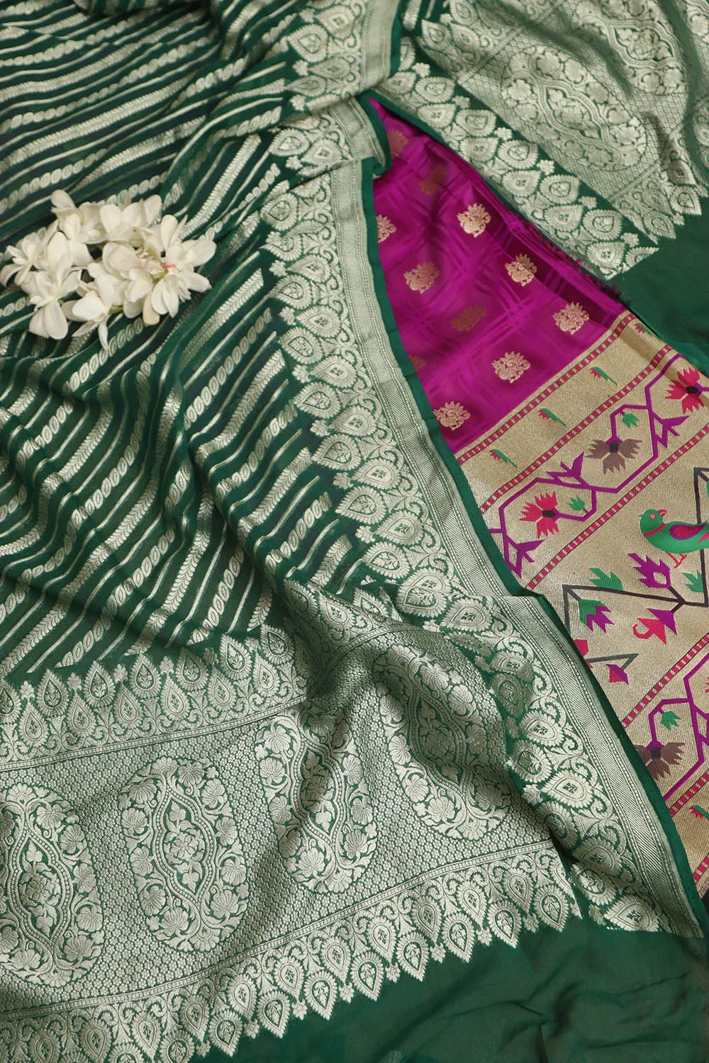 Purple Banarasi Silk Big Border Suit With Green Banarasi Handloom Pure Georgette Dupatta