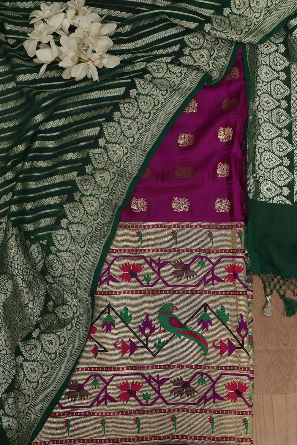 Purple Banarasi Silk Big Border Suit With Green Banarasi Handloom Pure Georgette Dupatta