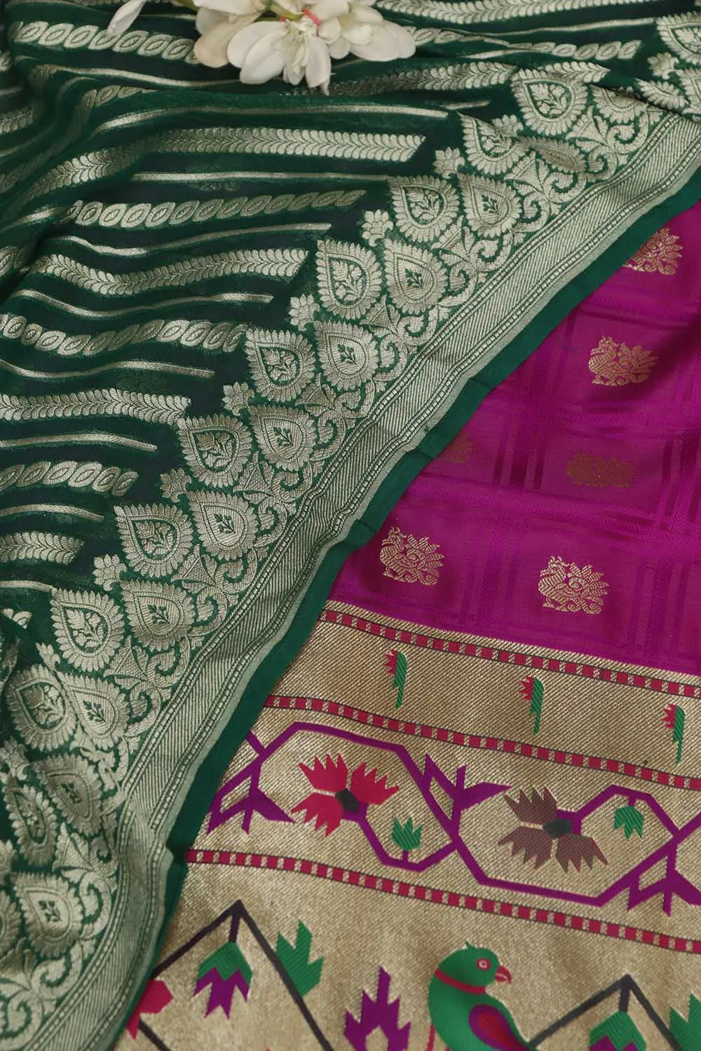 Purple Banarasi Silk Big Border Suit With Green Banarasi Handloom Pure Georgette Dupatta