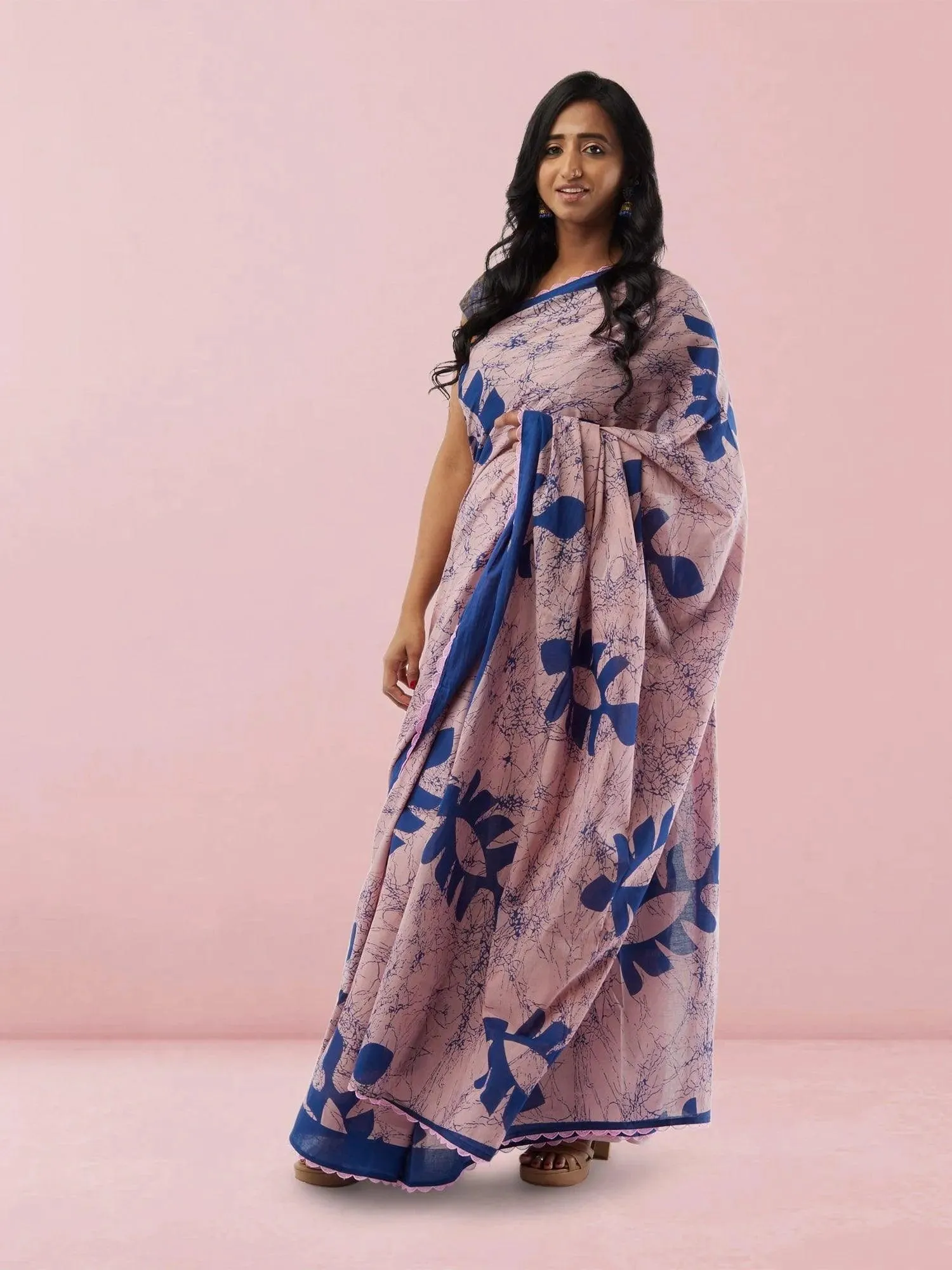 Sarees - Pink with Blue Print Jaipur Cotton Saree