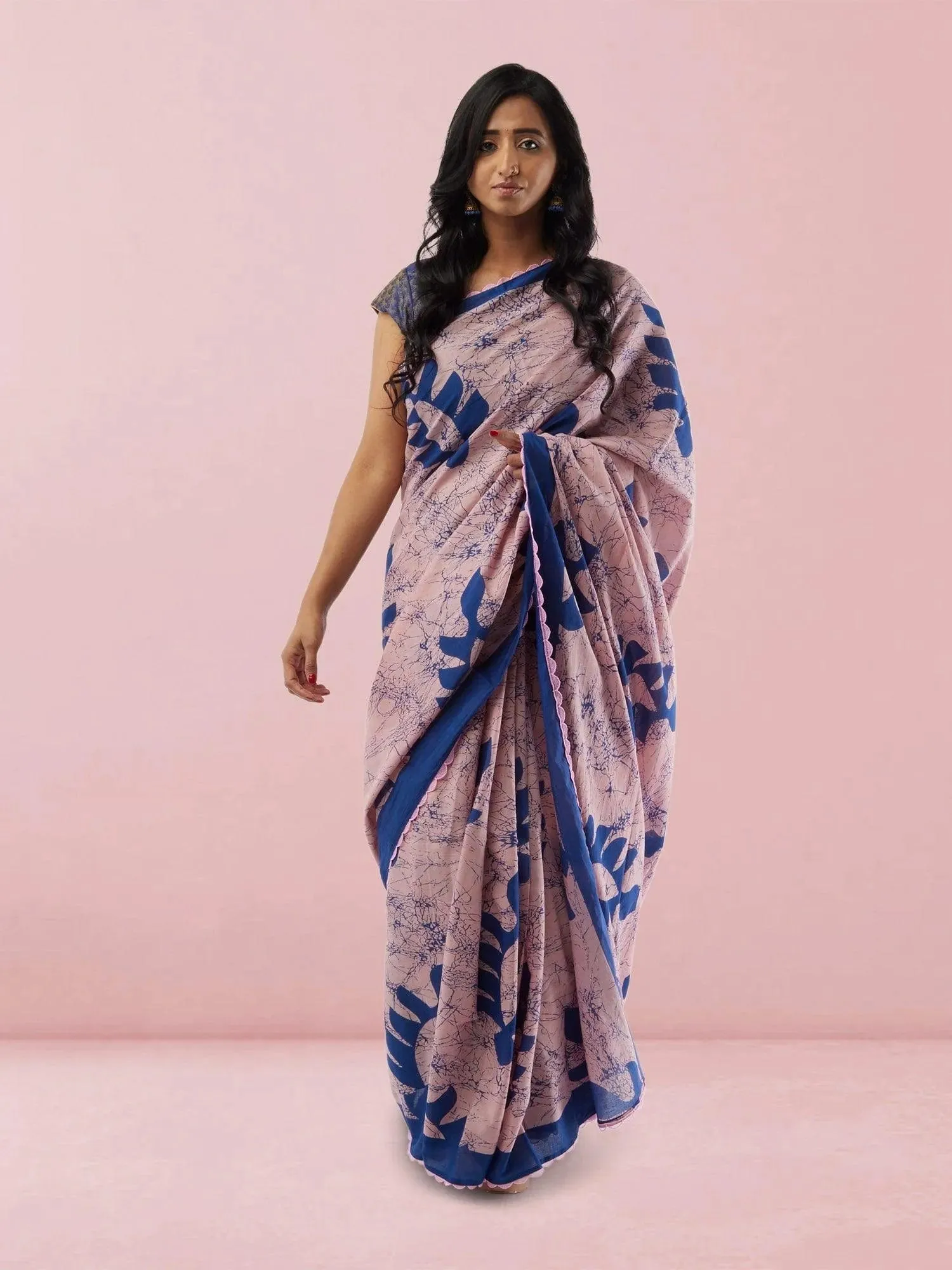 Sarees - Pink with Blue Print Jaipur Cotton Saree
