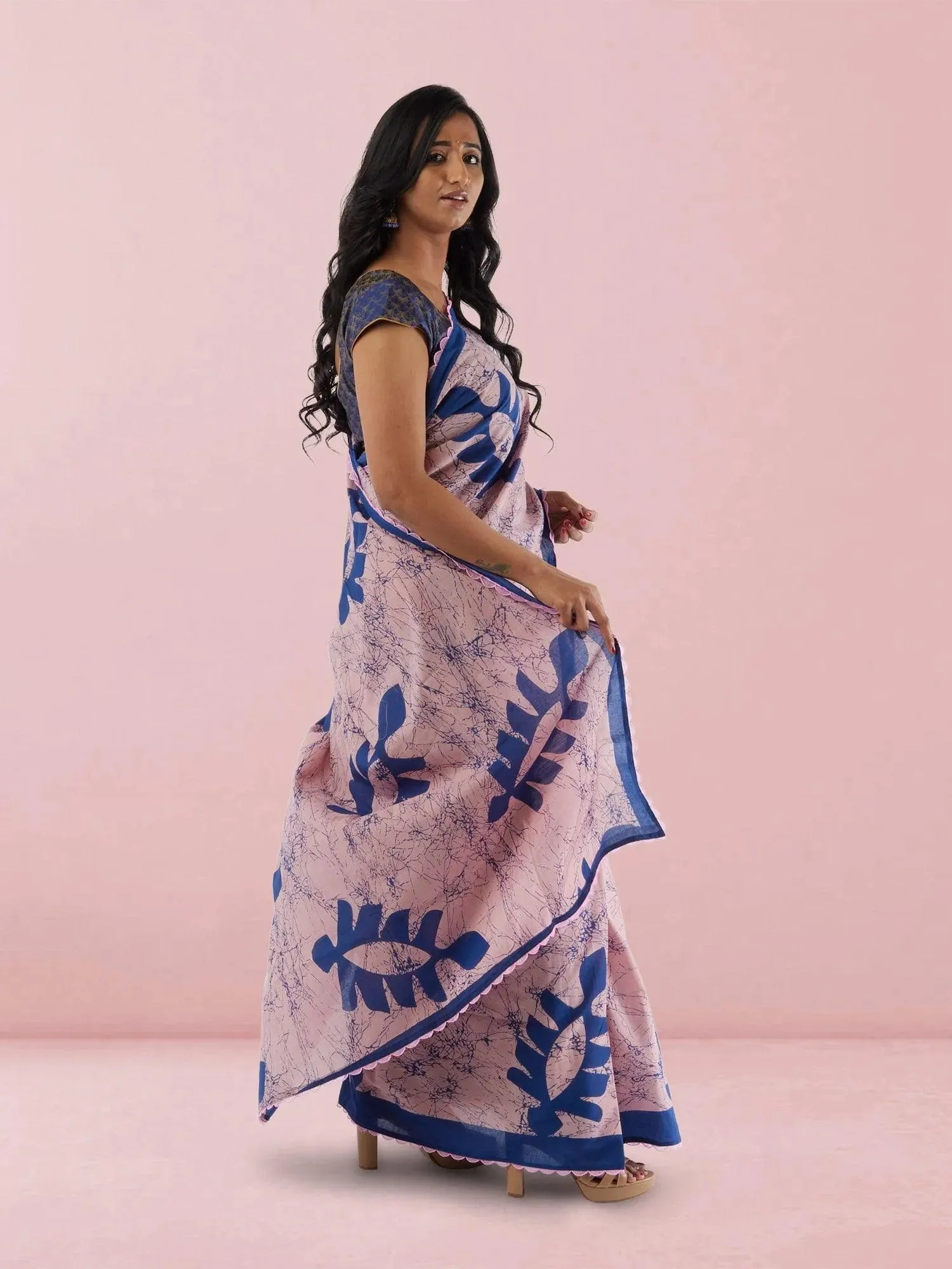 Sarees - Pink with Blue Print Jaipur Cotton Saree