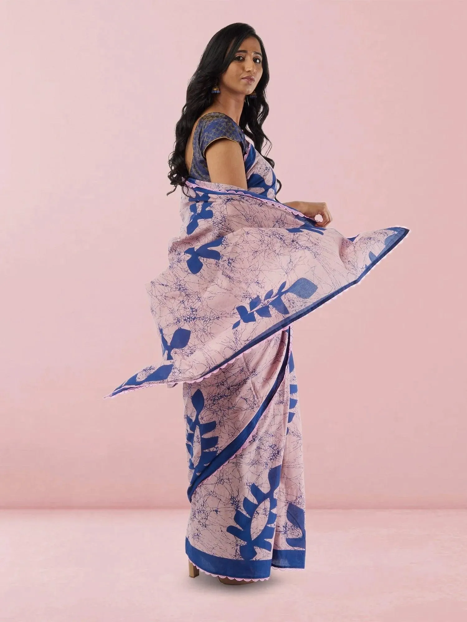 Sarees - Pink with Blue Print Jaipur Cotton Saree