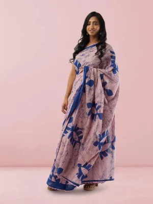 Sarees - Pink with Blue Print Jaipur Cotton Saree
