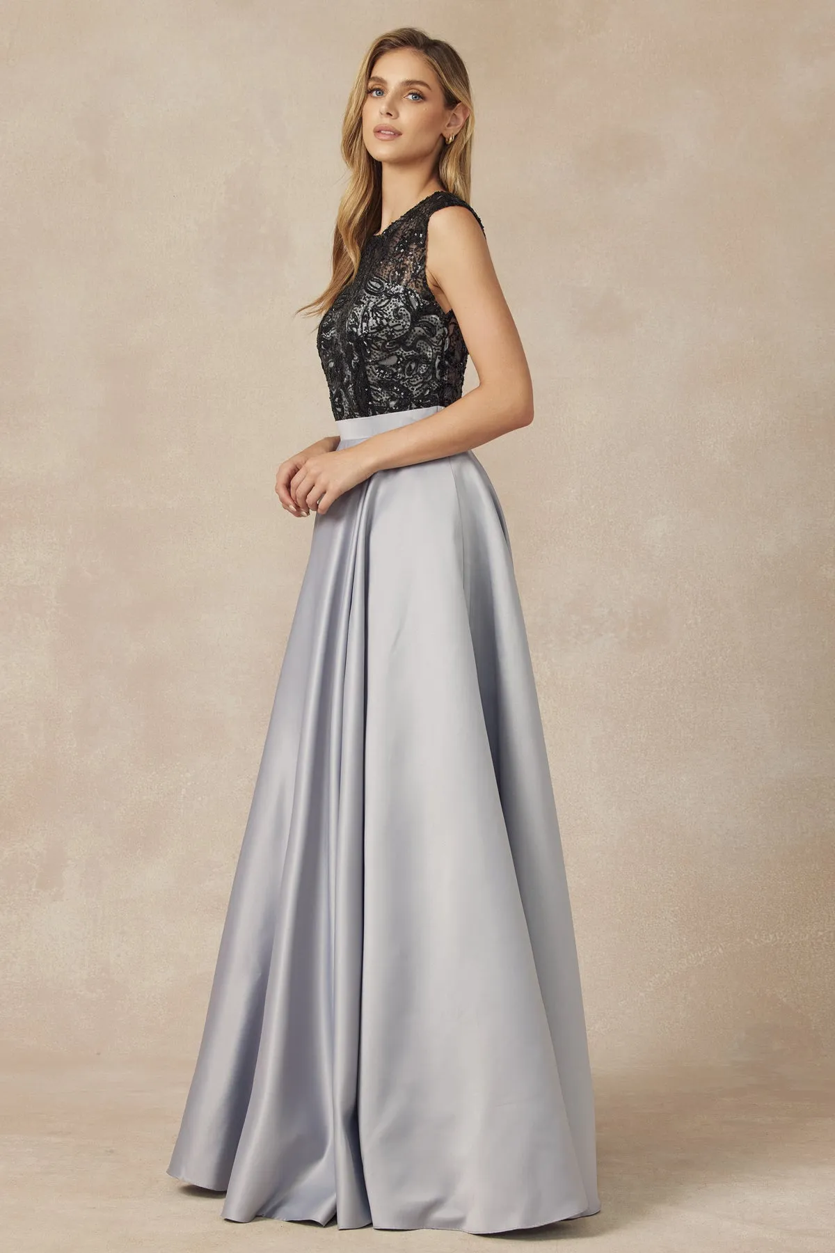 Sequin Bodice Cap Sleeves Satin Skirt Long Prom Dress