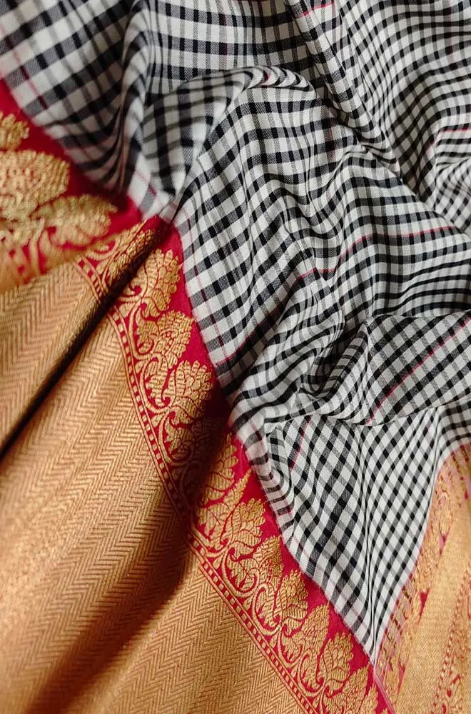 Stunning Black & White Handloom Banarasi Katan Silk Saree with Checks Design