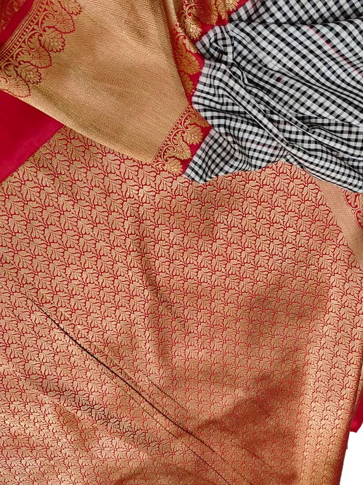 Stunning Black & White Handloom Banarasi Katan Silk Saree with Checks Design