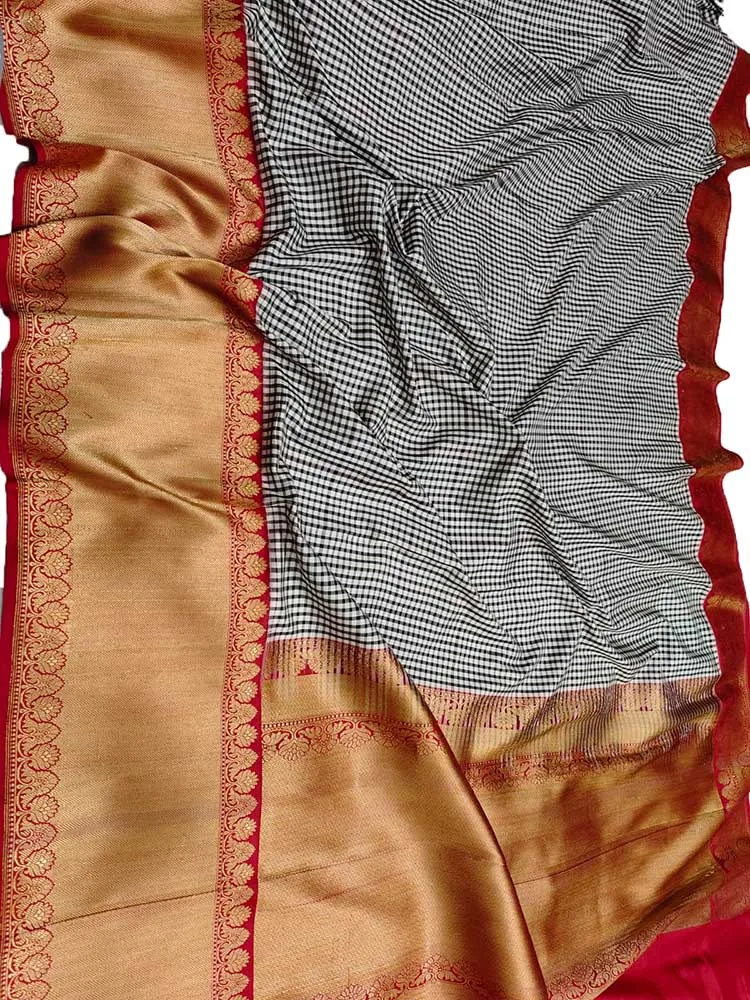 Stunning Black & White Handloom Banarasi Katan Silk Saree with Checks Design