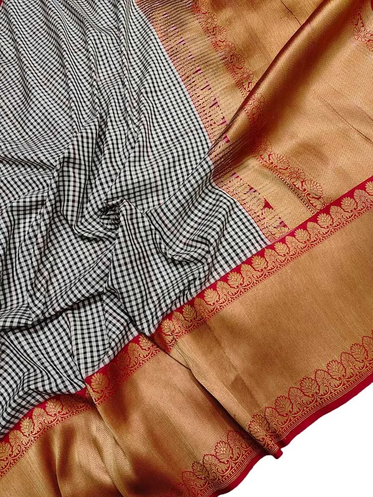 Stunning Black & White Handloom Banarasi Katan Silk Saree with Checks Design