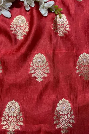Stunning Red Banarasi Handloom Pure Katan Silk Fabric ( 2.5 Mtrs )