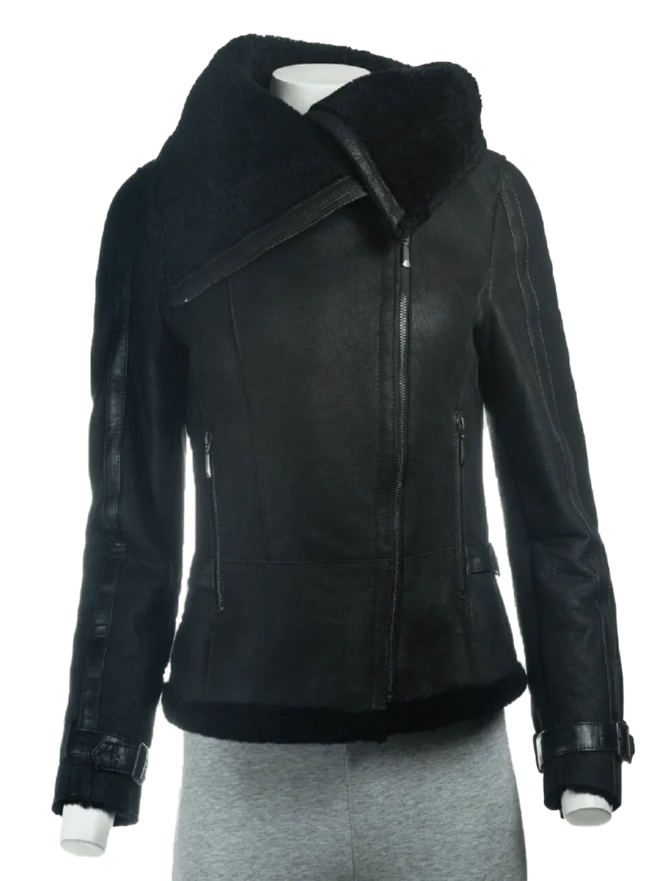 Women's B3 Black Shearling Oversized Collar Jacket | Womens Faux Sherling B3 Black Leather Jacket
