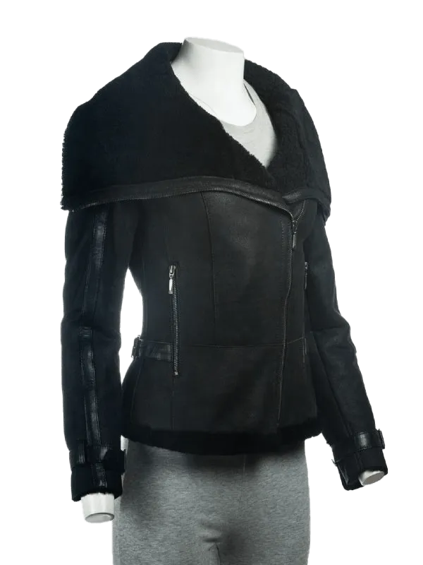 Women's B3 Black Shearling Oversized Collar Jacket | Womens Faux Sherling B3 Black Leather Jacket