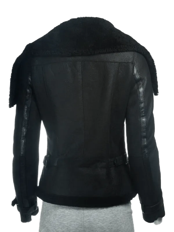 Women's B3 Black Shearling Oversized Collar Jacket | Womens Faux Sherling B3 Black Leather Jacket