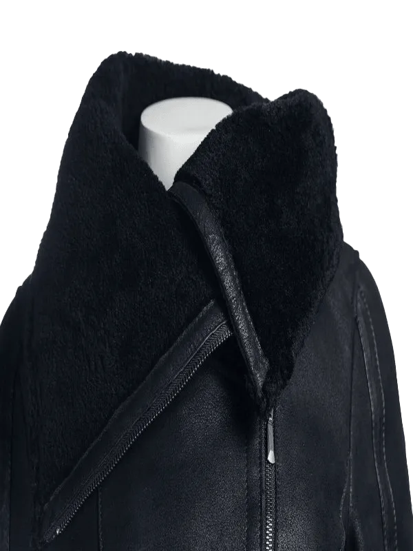 Women's B3 Black Shearling Oversized Collar Jacket | Womens Faux Sherling B3 Black Leather Jacket