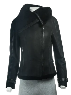 Women's B3 Black Shearling Oversized Collar Jacket | Womens Faux Sherling B3 Black Leather Jacket